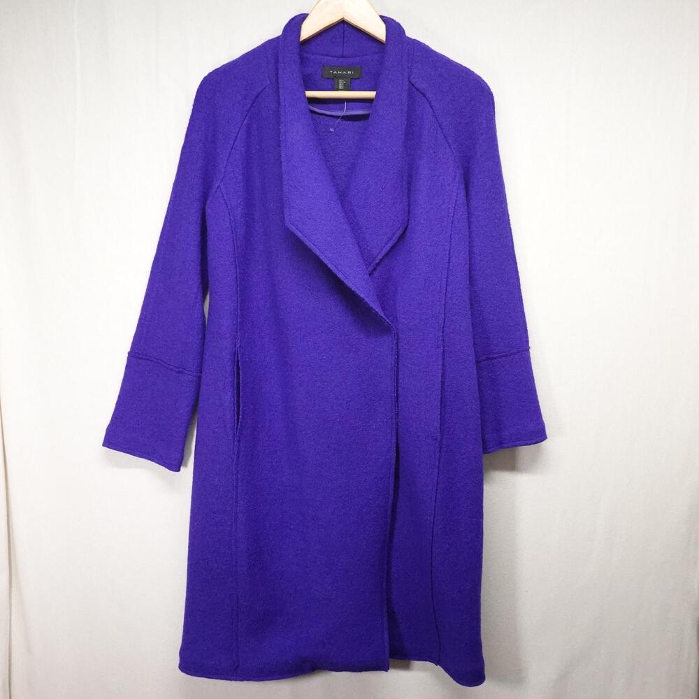 Tahari Coat Womens Small Purple Wool Blend Shawl Collar Button Front Mid Length